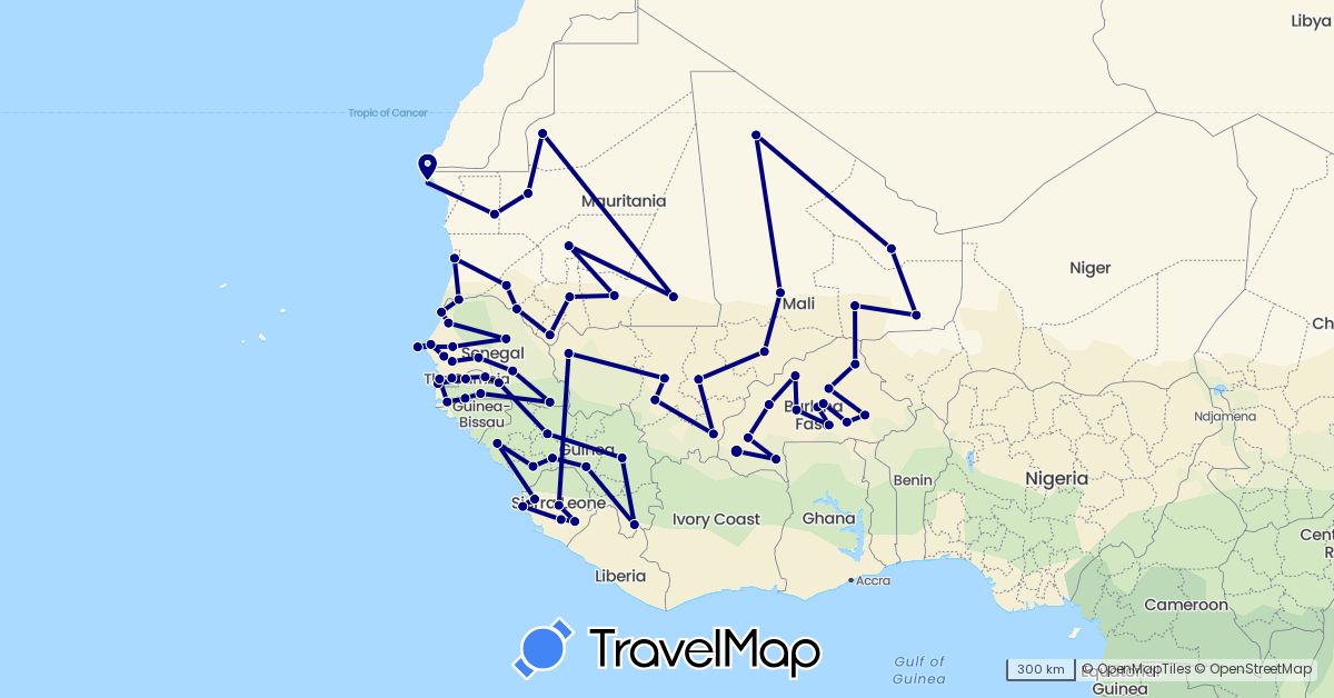 TravelMap itinerary: driving in Burkina Faso, Gambia, Guinea, Mali, Mauritania, Sierra Leone, Senegal (Africa)